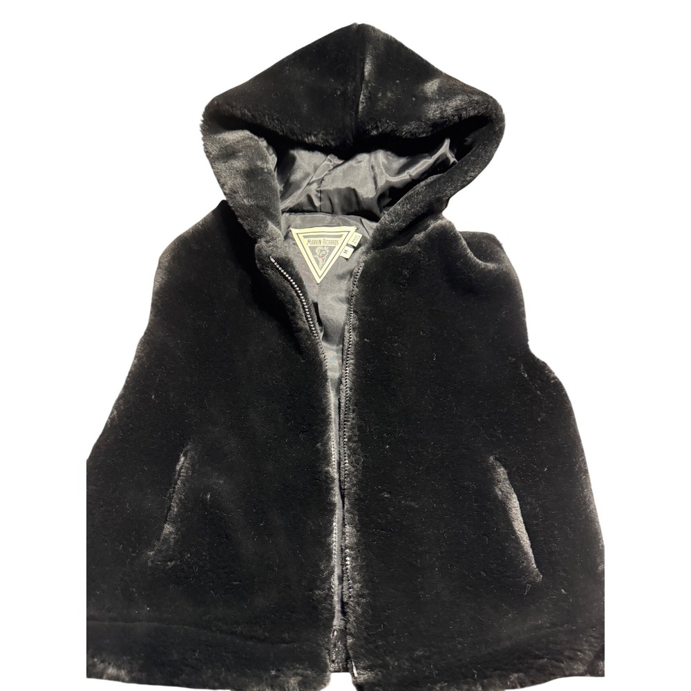 VTG Marvin Richards Faux Fur Hooded Vest Womens Medium Black Vintage Zip  USA - Picture 2 of 8